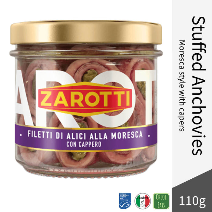 Zarotti Italian Alici Anchovies appetizers stuffed Moresca style with capers