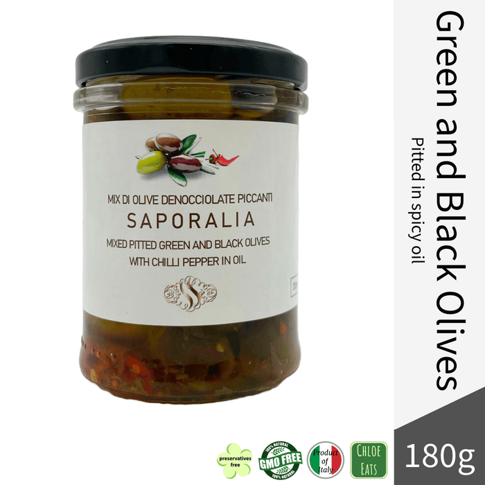 Saporalia artisanal Green and Black Olive mix - pitted in spicy oil