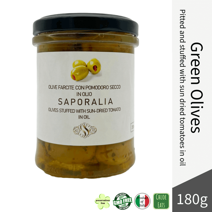 Saporalia artisanal Green Olives - pitted and stuffed with Sundried Tomatoes in oil