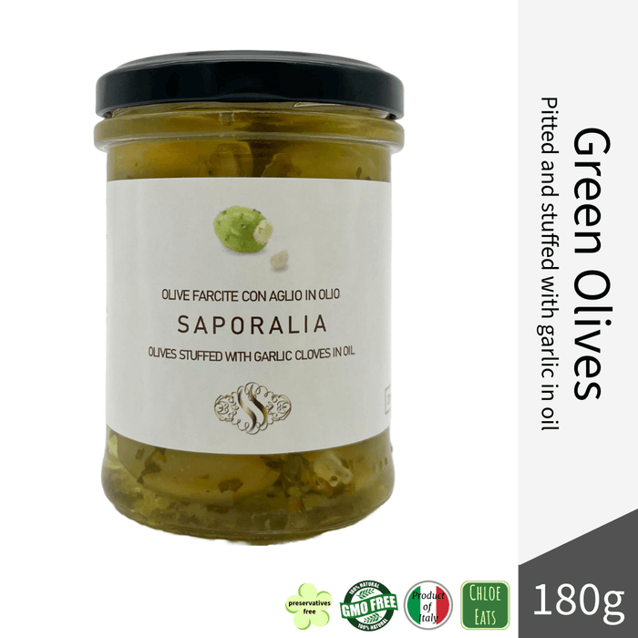 Saporalia artisanal Green Olives - pitted and stuffed with Garlic in oil