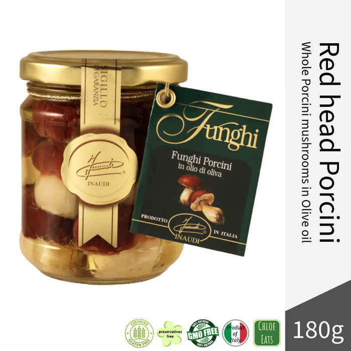 Inaudi Italian artisanal whole rare Read Head Porcini Mushrooms in Olive Oil