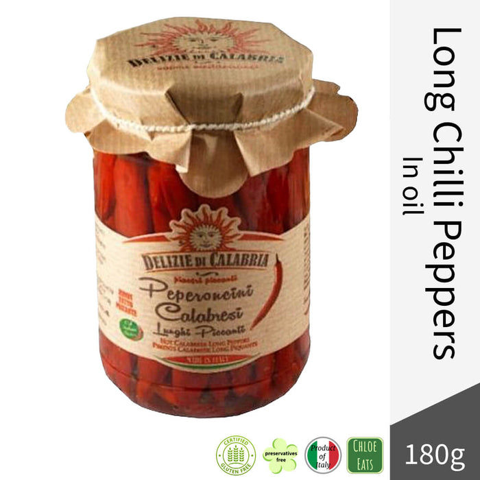 Delizie di Calabria Italian Long Hot Chili Peppers in Oil 180g