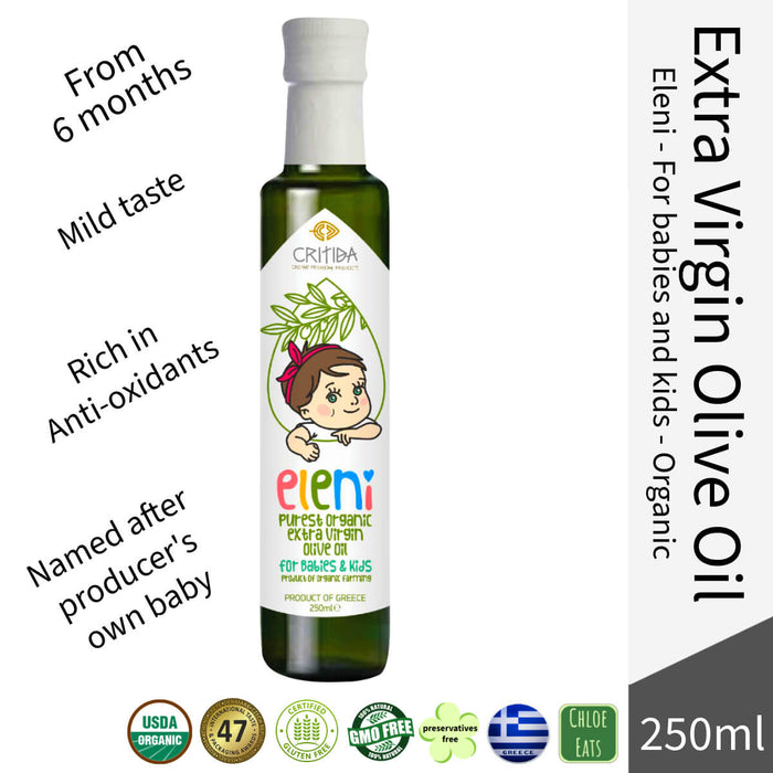 Critida Greek premium organic Extra Virgin Olive Oil Eleni for babies and kids - bottle 250ml