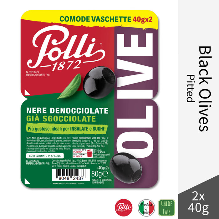 Polli Italian Black Pitted Olives 2x40g Tray