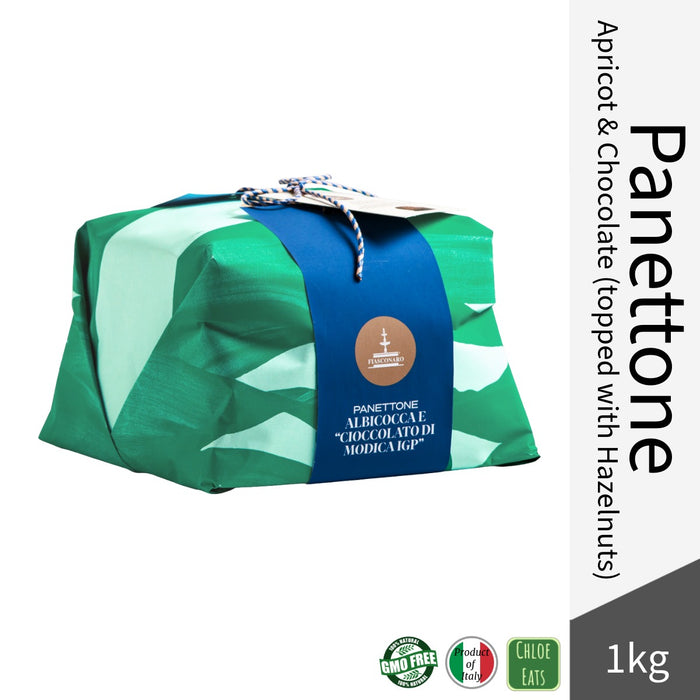 Fiasconaro Italian Panettone - Apricot and Chocolate topped with Hazelnuts & Icing - Hand Wrapped 1kg
