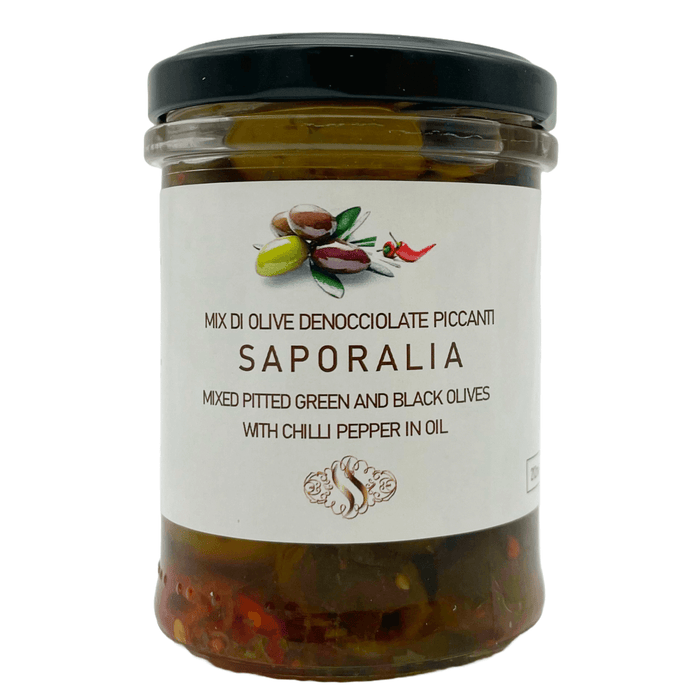 Saporalia artisanal Green and Black Olive mix - pitted in spicy oil
