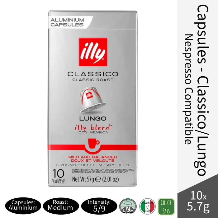 Illy Italian Coffee Classico Lungo - Nespresso Compatable Capsules 10x5.7g