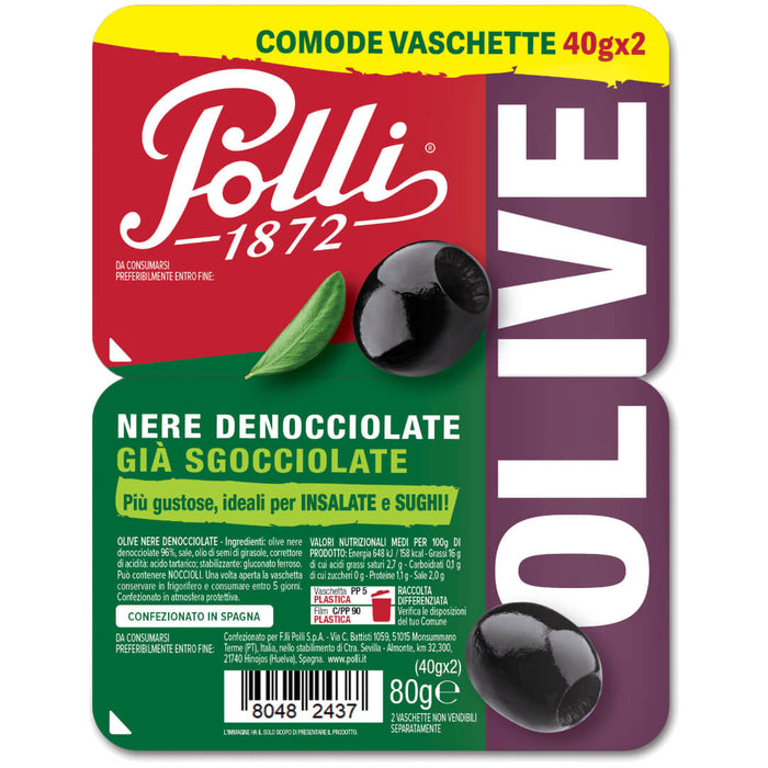 Polli Italian Black Pitted Olives 2x40g Tray