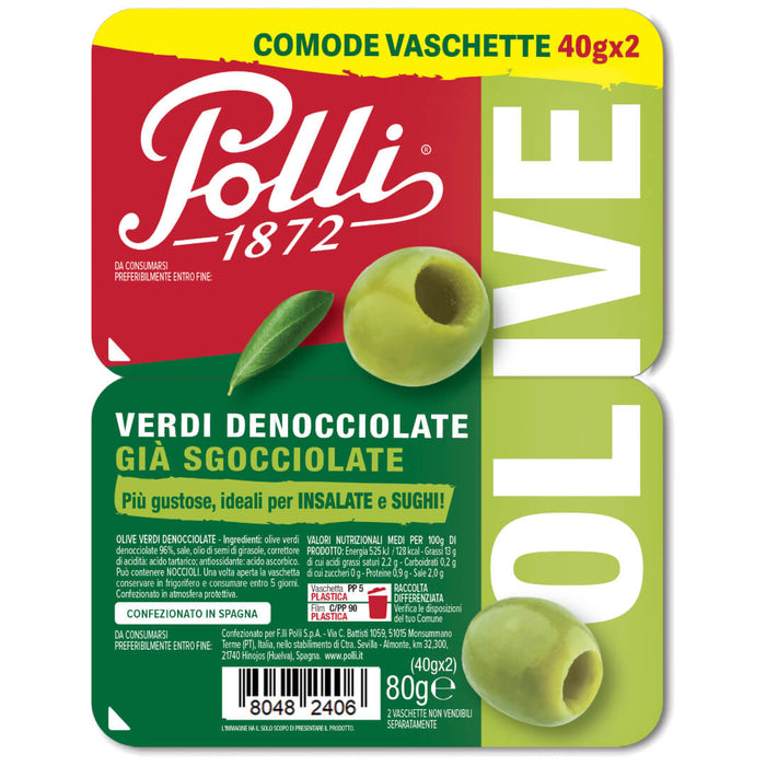 Polli Italian Green Pitted Olives 2x40g Tray