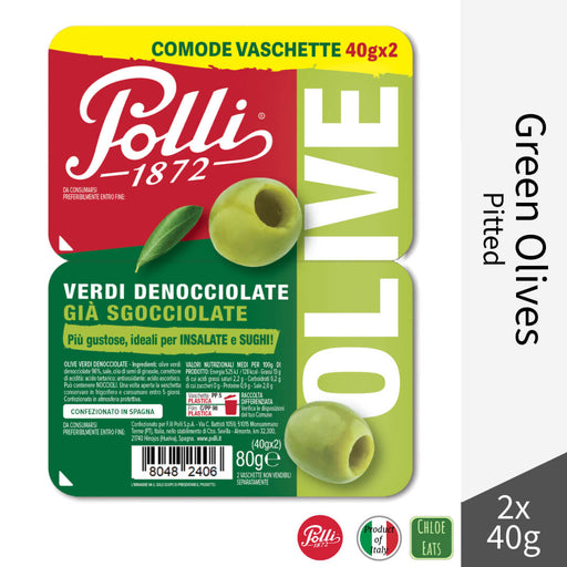 Polli Italian Green Pitted Olives 2x40g Tray