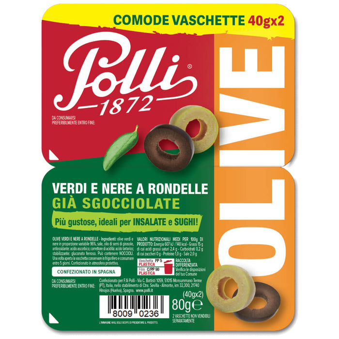 Polli Italian Sliced Green and Black Olives 2x40g Tray
