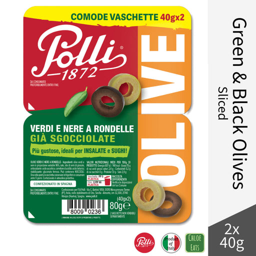 Polli Italian Sliced Green and Black Olives 2x40g Tray