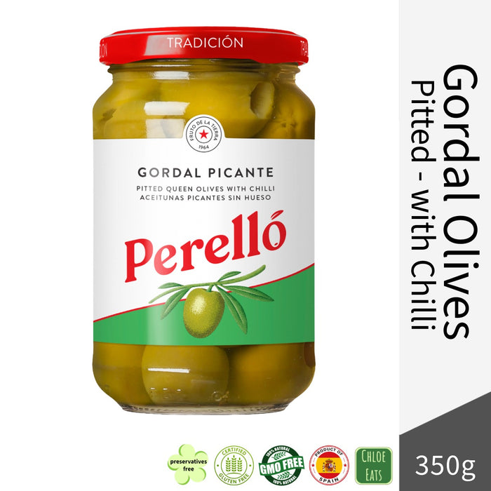 Perello Spanish Green Pitted Gordal Olives with Chilli 350g