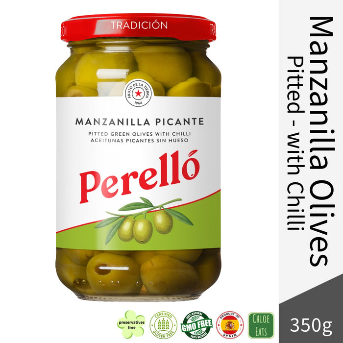 Perello Spanish Green Pitted Manzanilla Olives with Chilli 350g