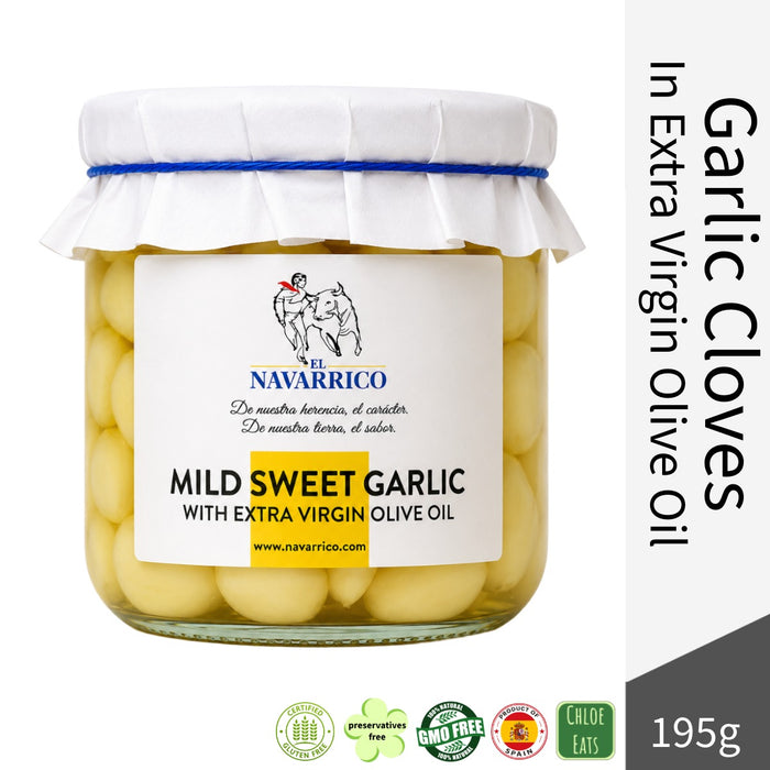 El Navarrico Premium Spanish Mild Sweet Garlic in Extra Virgin Olive Oil 195g