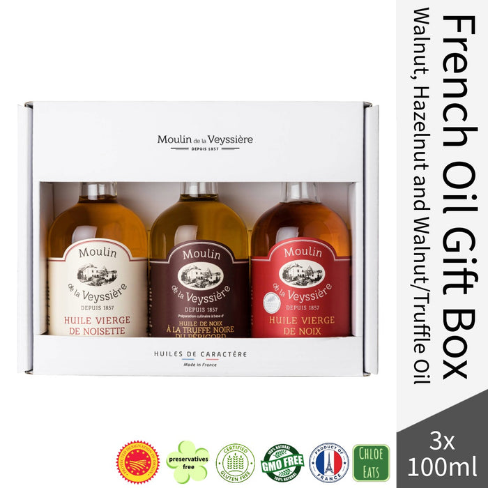Moulin de la Veyssiere Premium French Gourmet Oil Gift Set Walnut Hazelnut and Truffle Walnut Oil 3 x 100ml