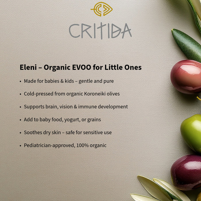 Critida Greek premium organic Extra Virgin Olive Oil Eleni for babies and kids - bottle 250ml