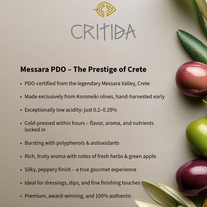 Critida Greek premium Extra Virgin Olive Oil Messara PDO (Crete) - Bottle 500ml